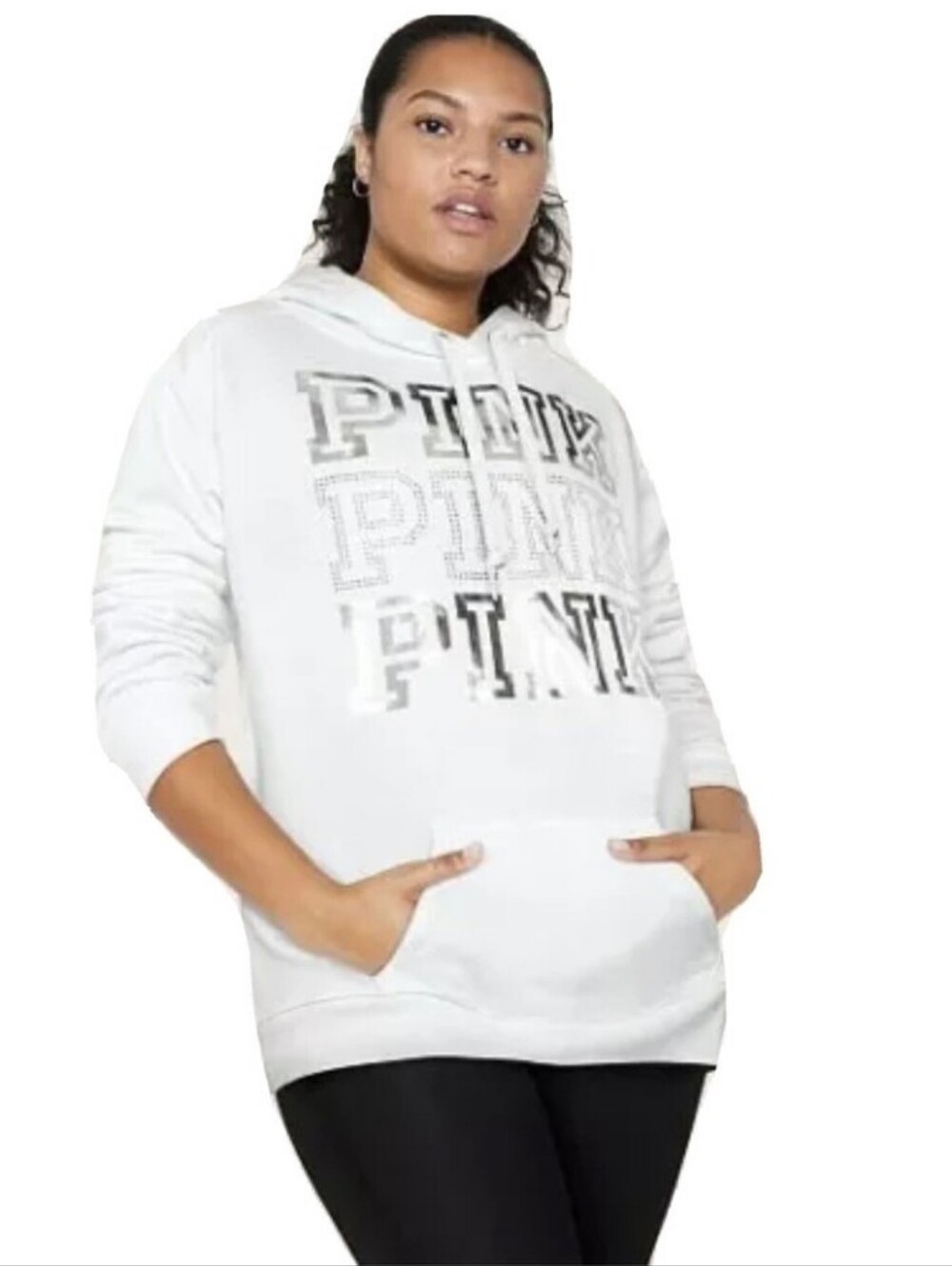 Victoria's Secret PINK White Logo Silver Foil Bling Pullover Hoodie